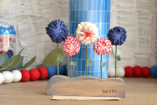 Five Patriotic Wrapped Flowers on Wood