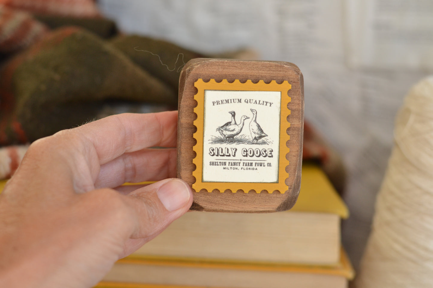 Rustic Wood Block Postage Stamp Sign - Silly Goose