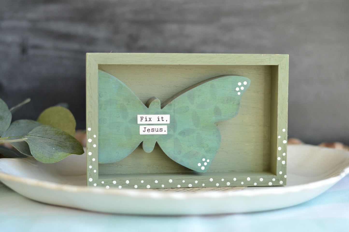 Sage Green Wood Butterfly Shadow Box