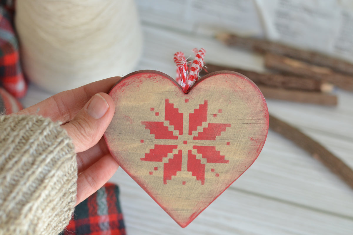 RED Wood Quilted Heart Ornament