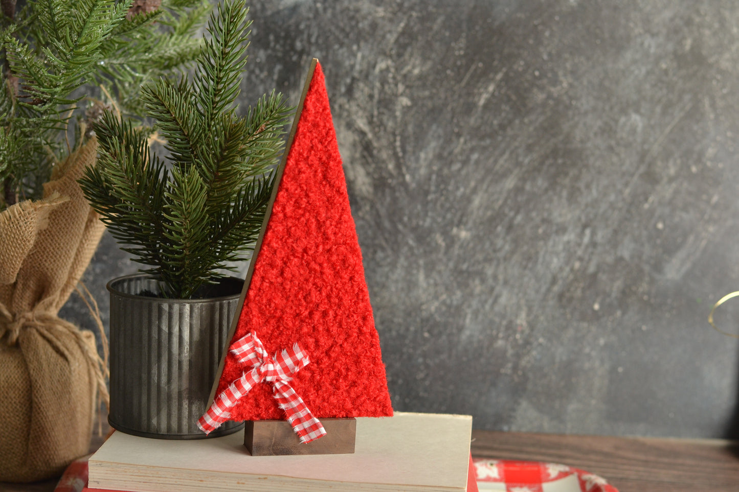 Red Boucle Tall Tree with Gingham Bow