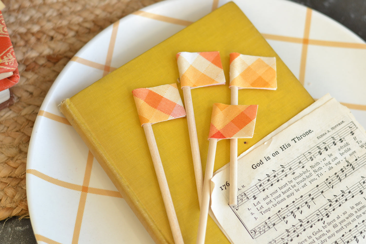 Mini Flag Set of FOUR - Orange and Yellow Plaid Set