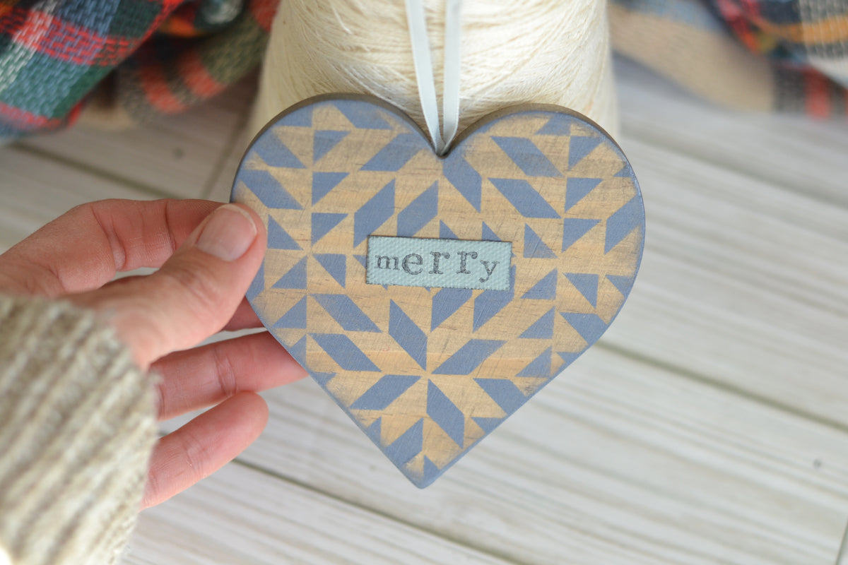 Wood Quilted Heart MERRY Ornament