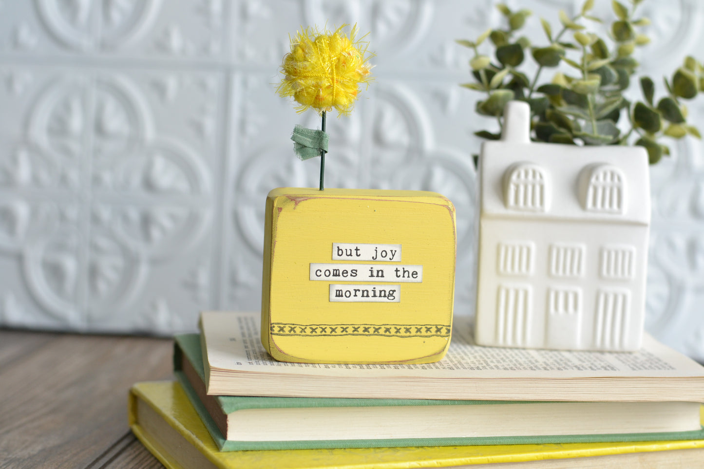 YELLOW 'but joy comes in the morning' Wood Sign