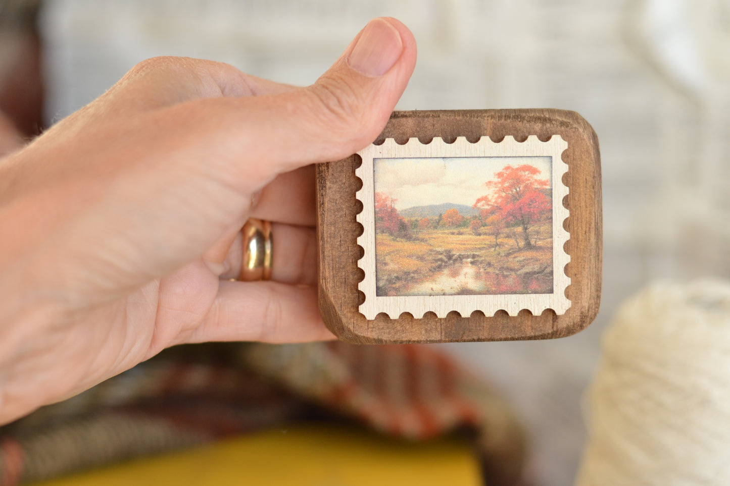 Rustic Wood Block Postage Stamp Sign- Autumn Scene