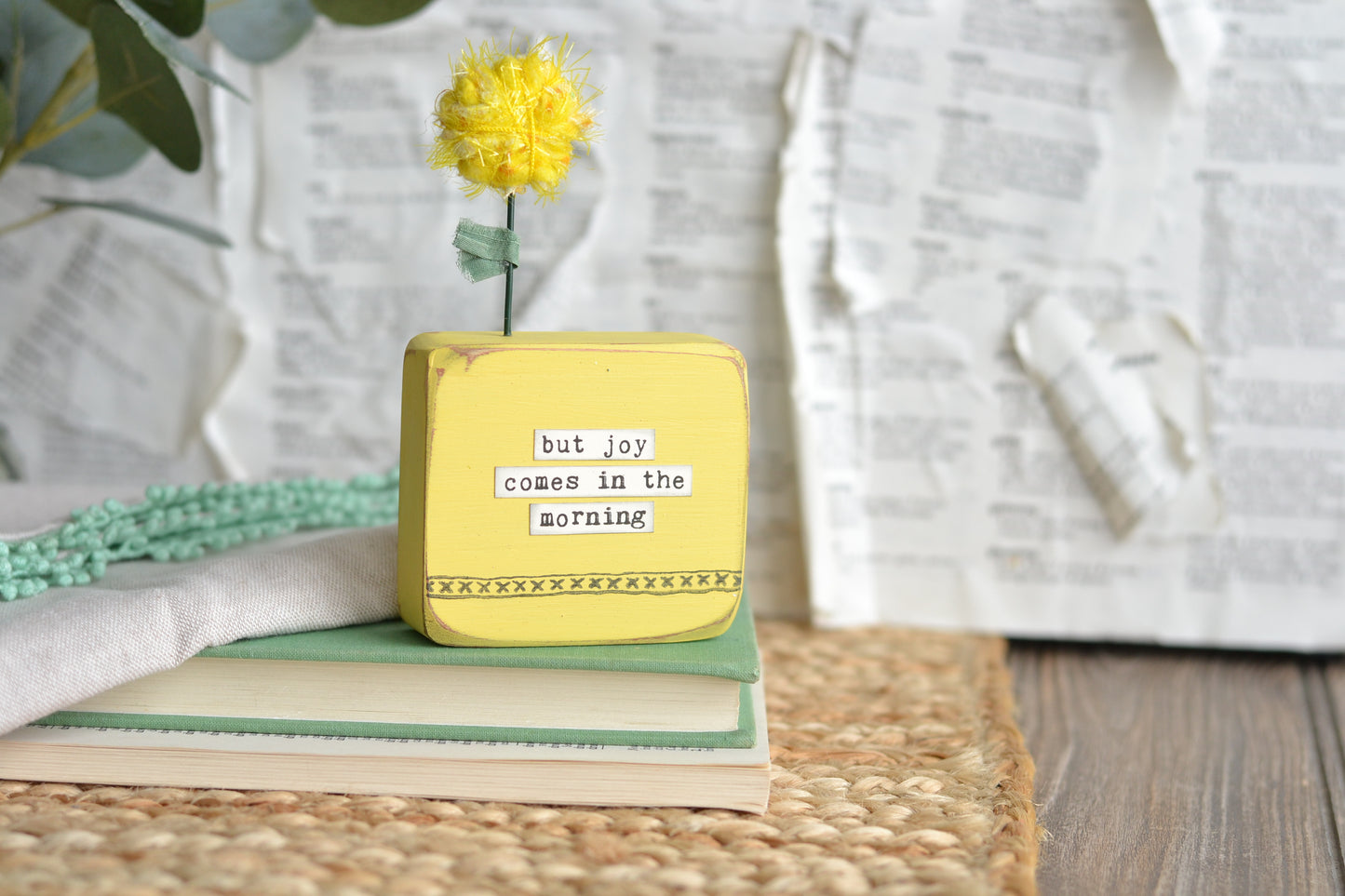 YELLOW 'but joy comes in the morning' Wood Sign