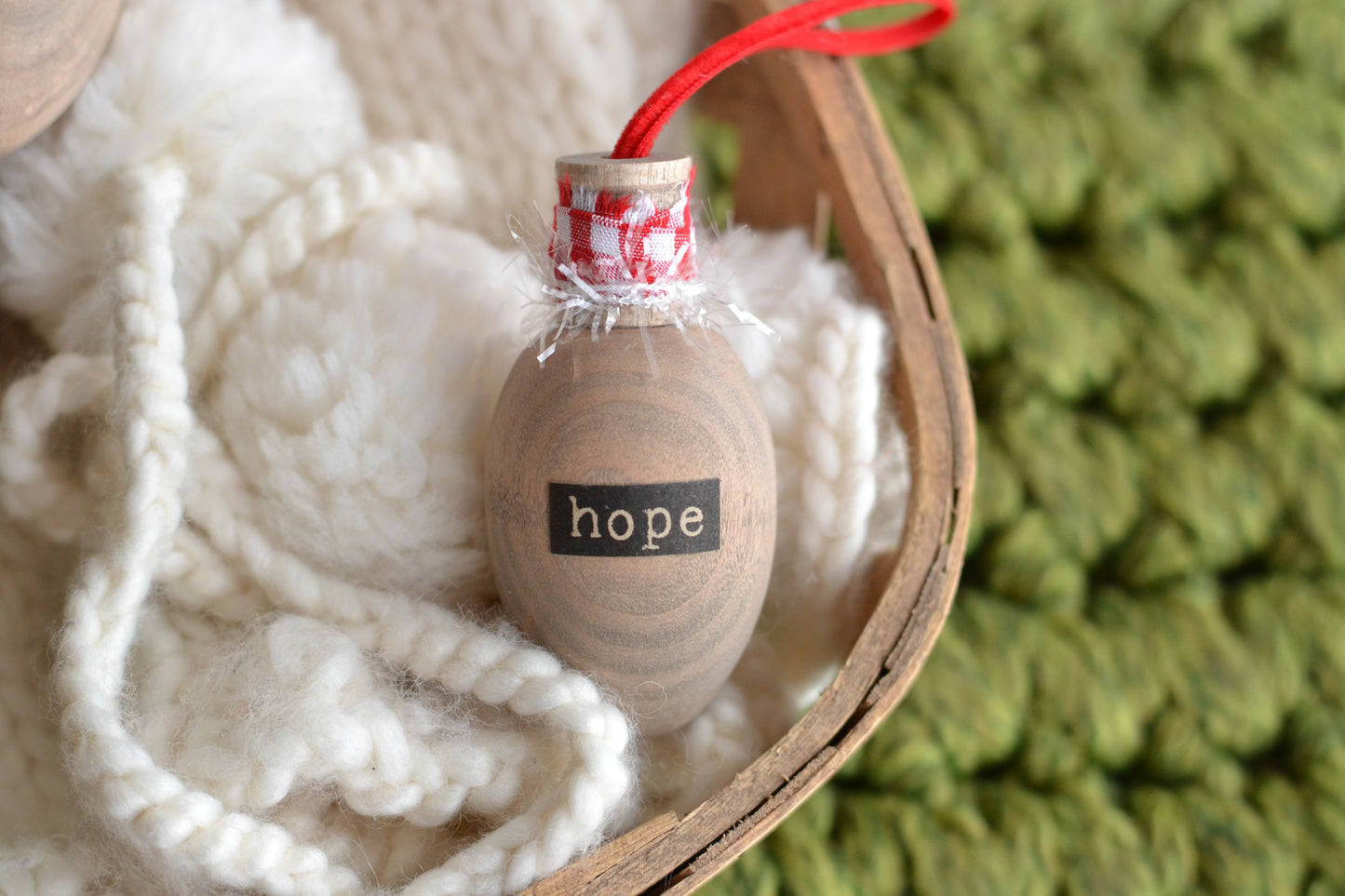 RED GINGHAM Stained Wood Bulb Ornament - Hope