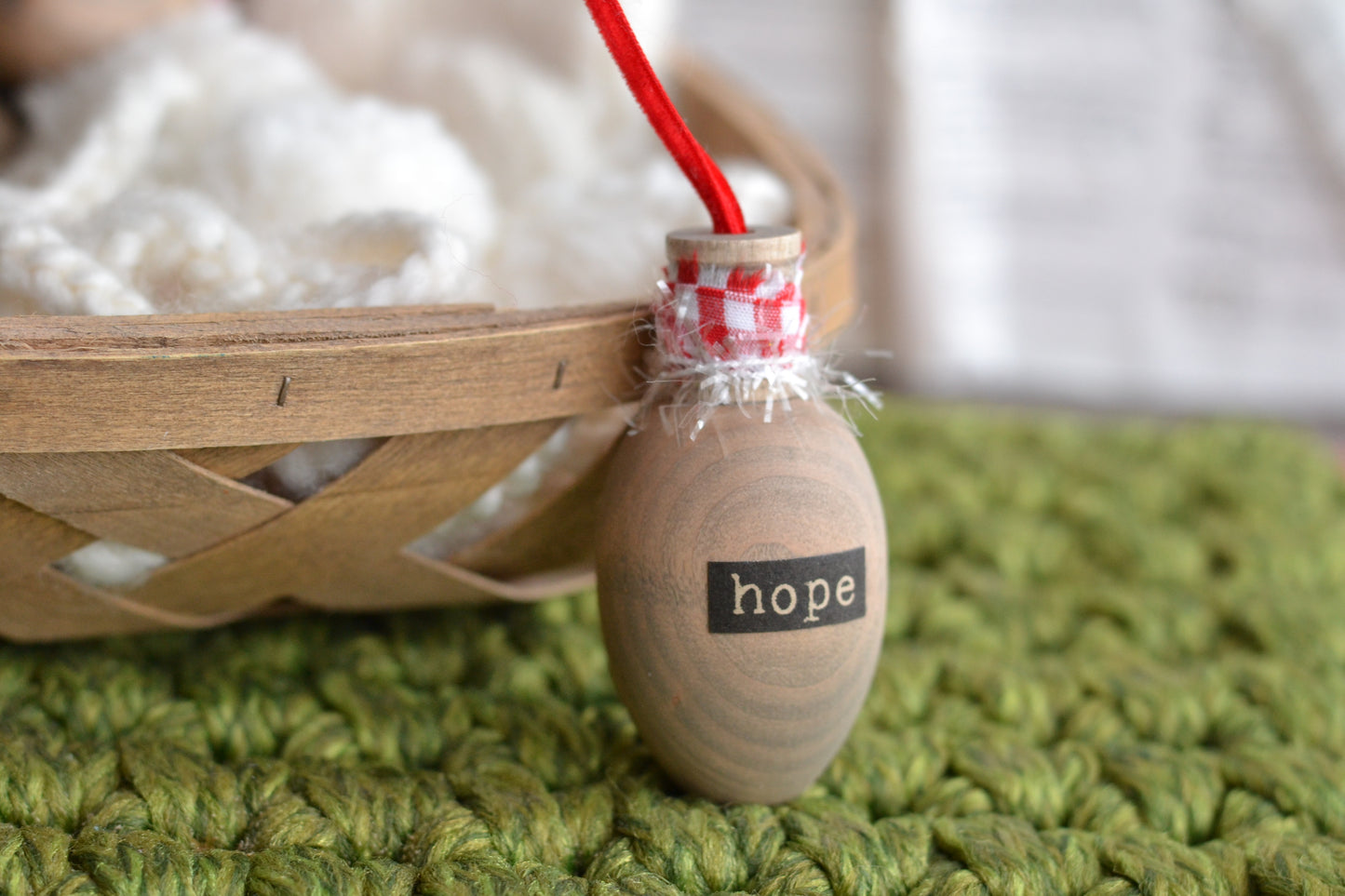 RED GINGHAM Stained Wood Bulb Ornament - Hope