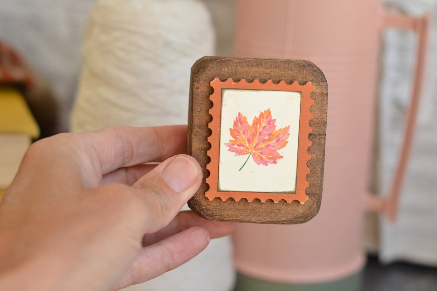 Rustic Wood Block Postage Stamp Sign - Leaf