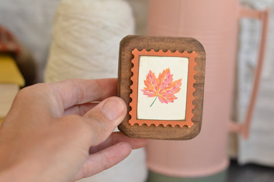 Rustic Wood Block Postage Stamp Sign - Leaf
