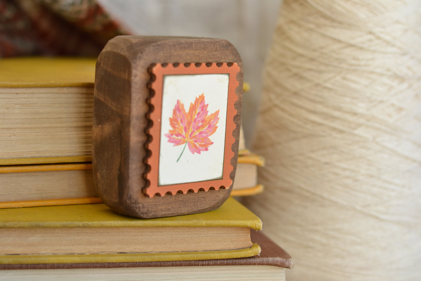 Rustic Wood Block Postage Stamp Sign - Leaf