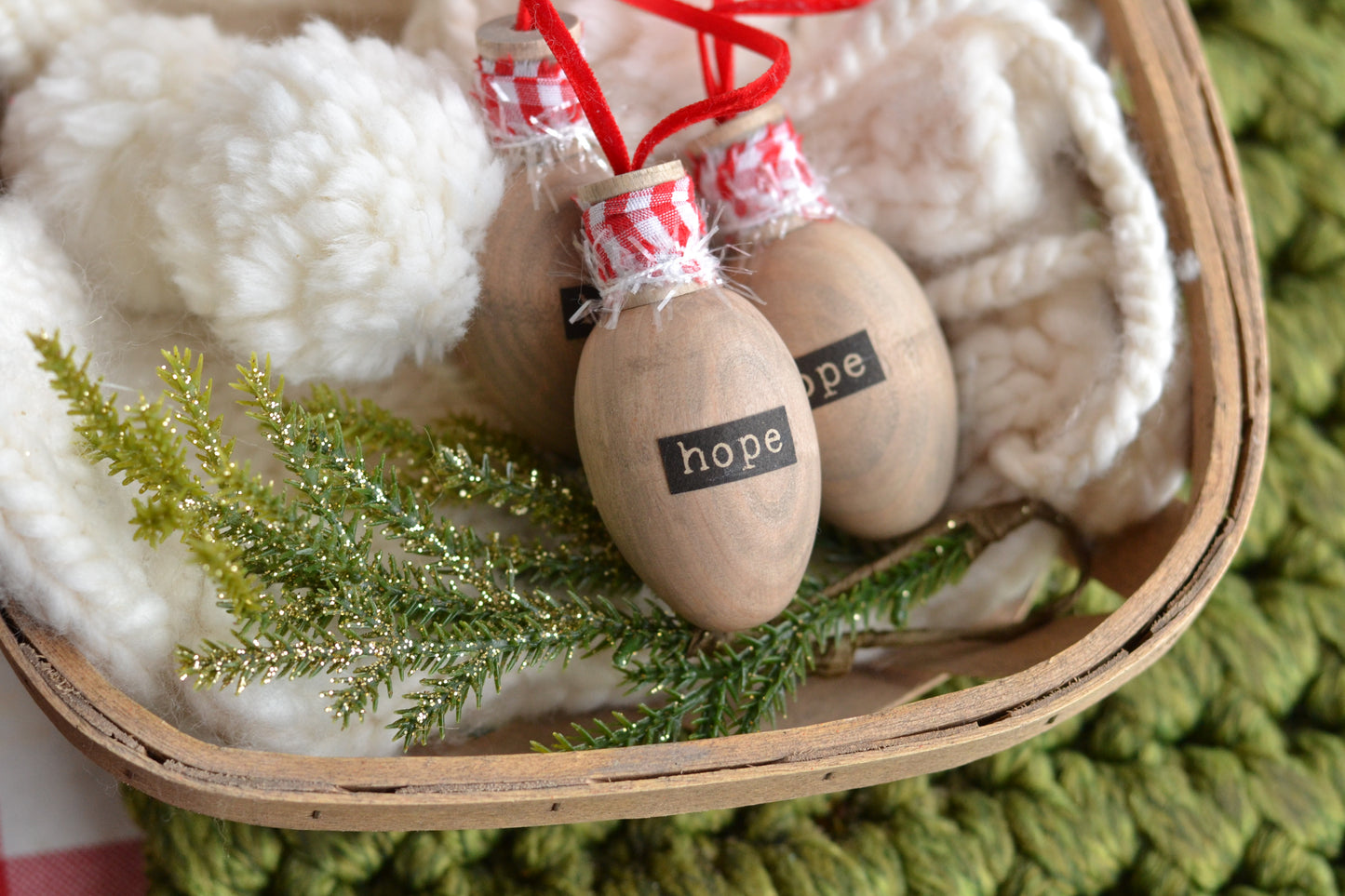 RED GINGHAM Stained Wood Bulb Ornament - Hope