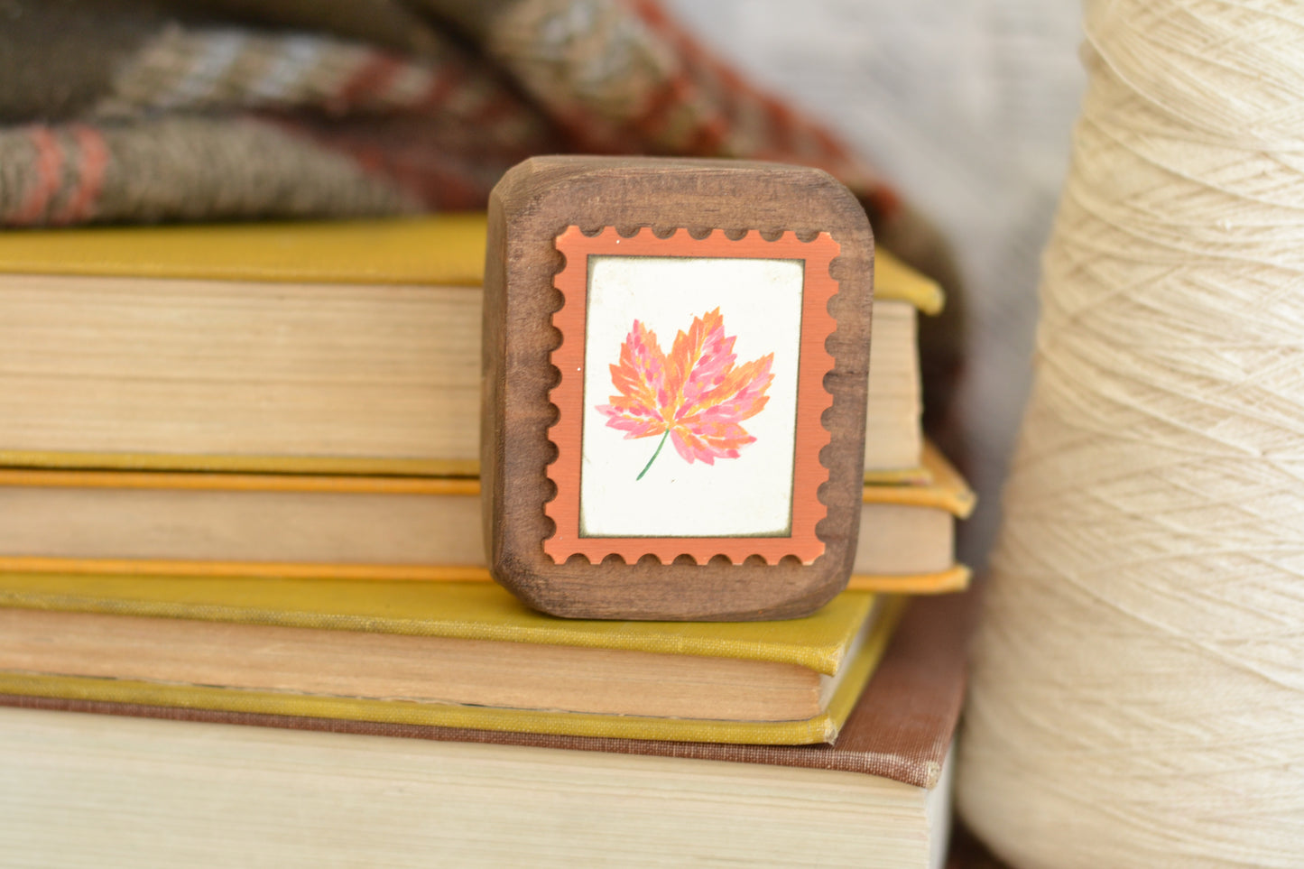 Rustic Wood Block Postage Stamp Sign - Leaf