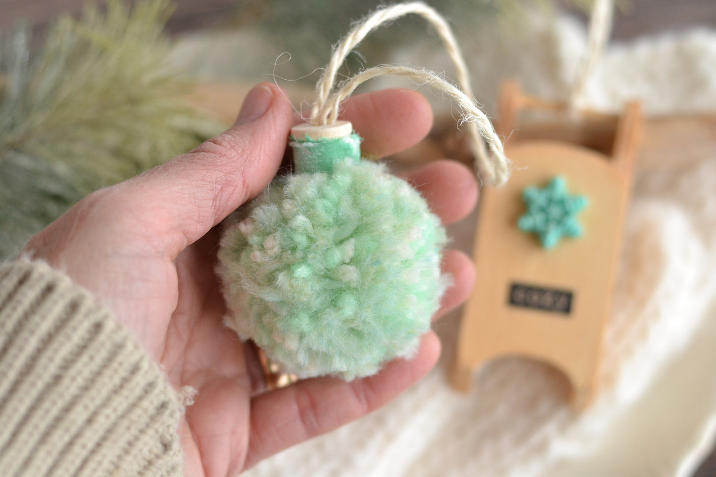 Mint Sled Ornament + Pom Pom Ornament SET