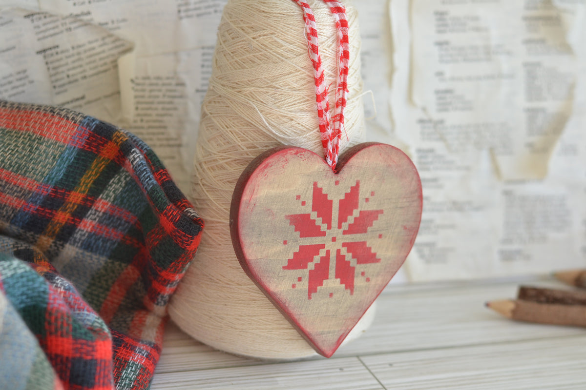 RED Wood Quilted Heart Ornament