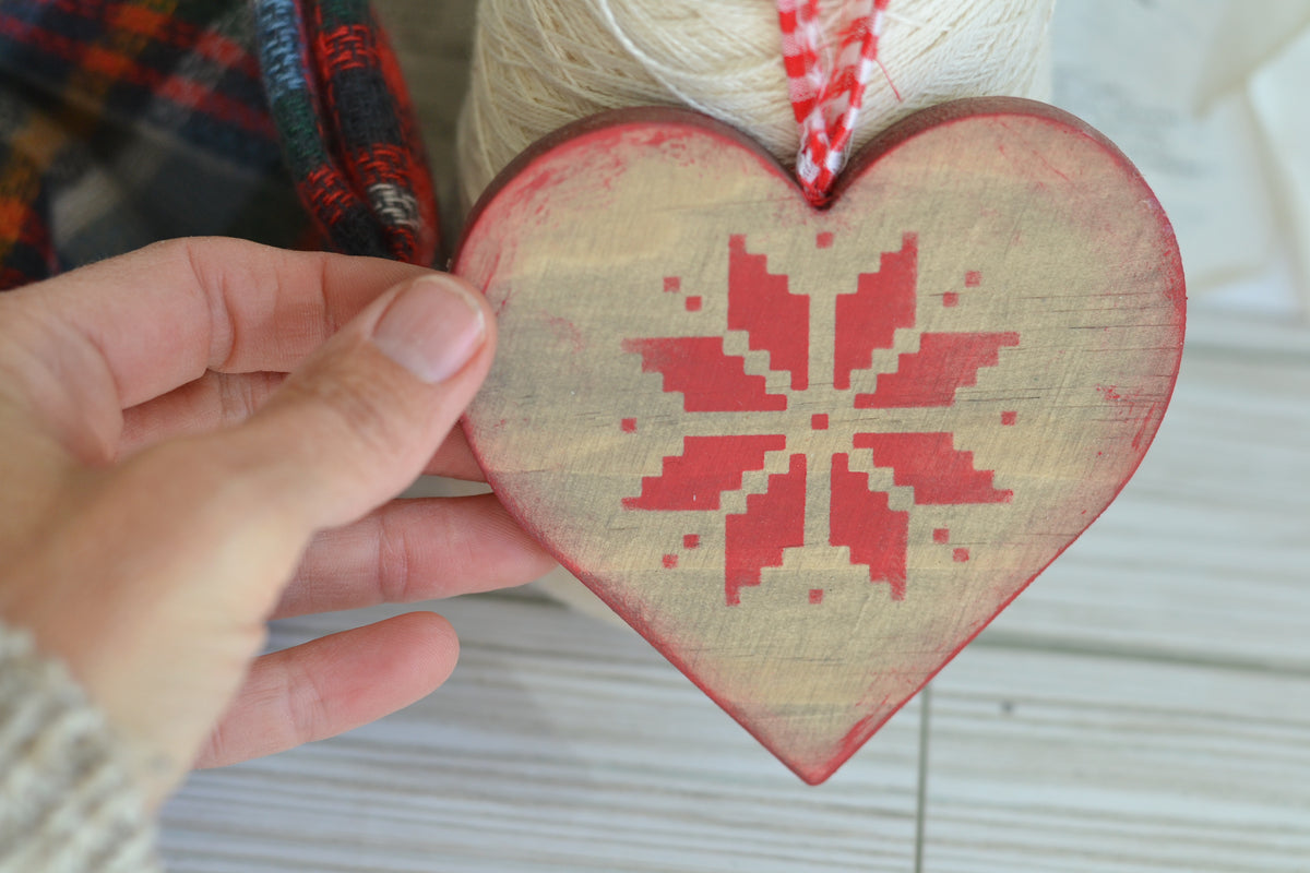 RED Wood Quilted Heart Ornament