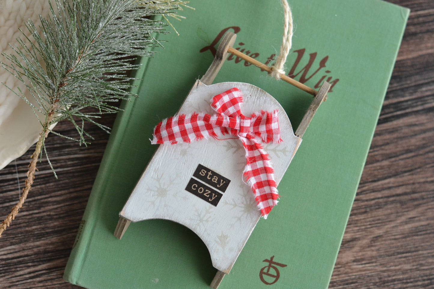RED GINGHAM BOW Sled Ornament
