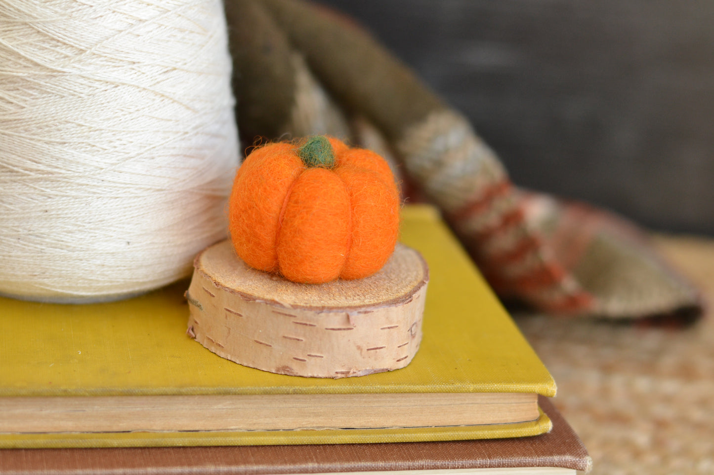 Orange Felt Pumpkin on Log Slice