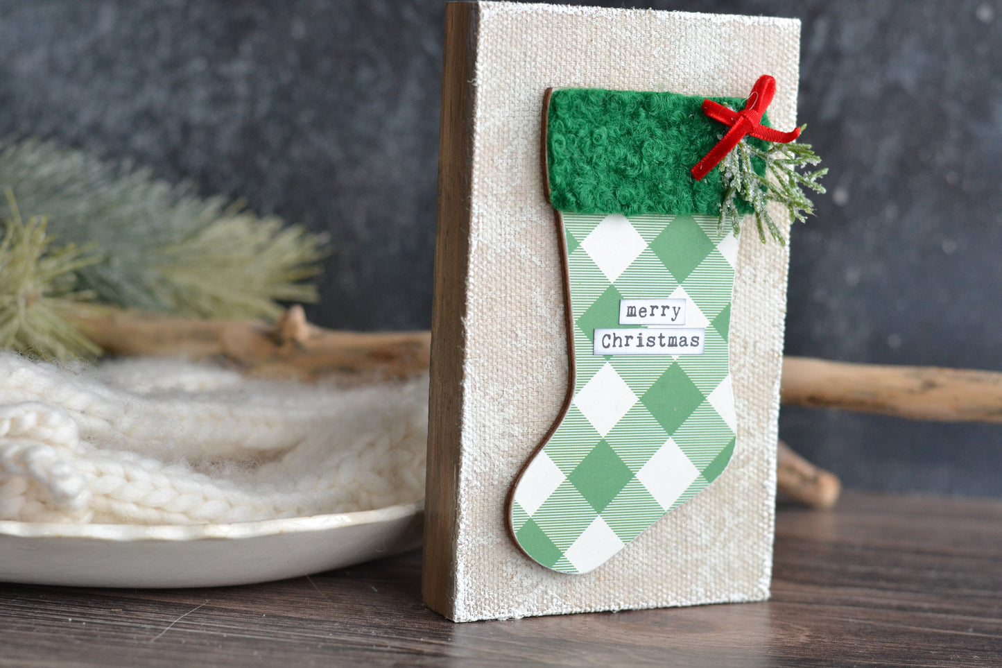 Green Plaid Stocking Sign