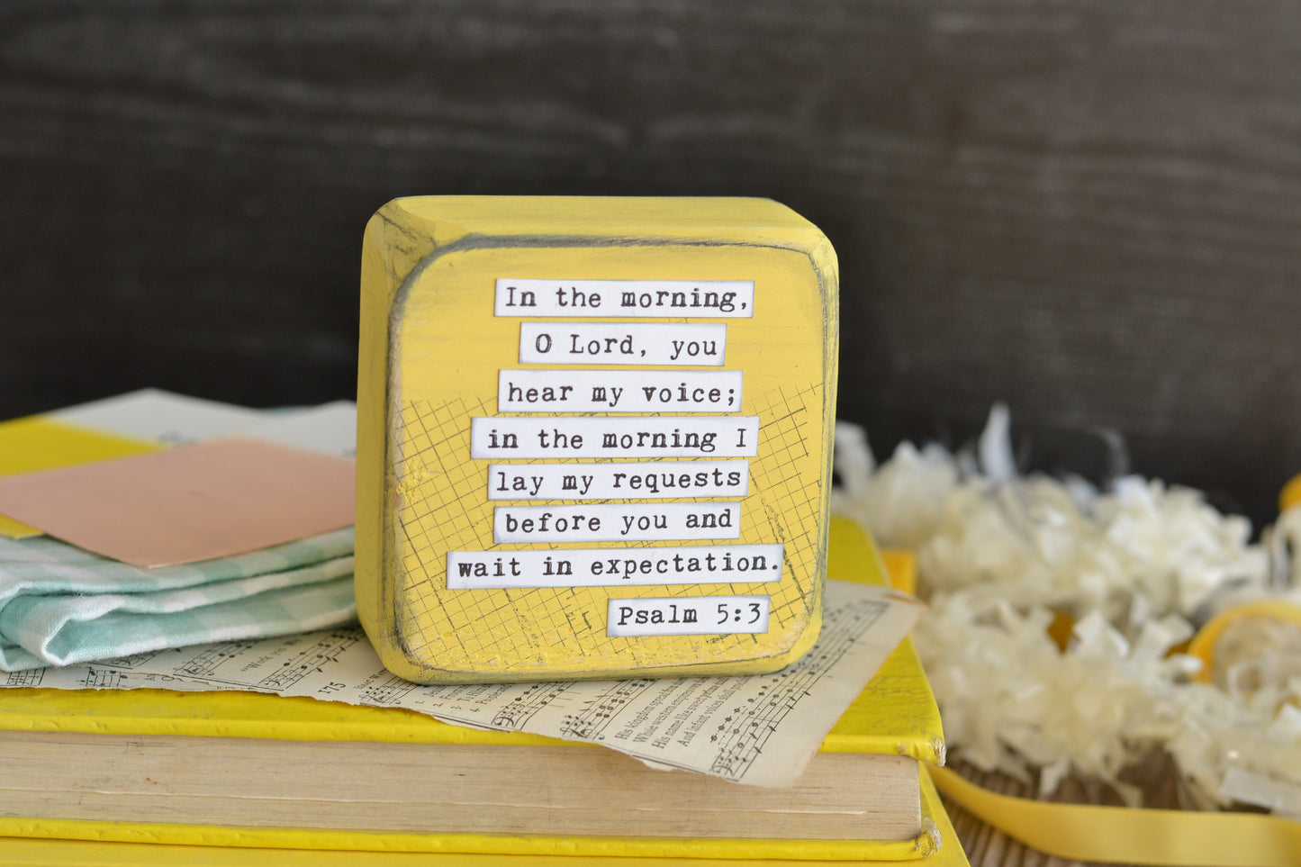 Yellow Wood Sign with Psalm 5:3