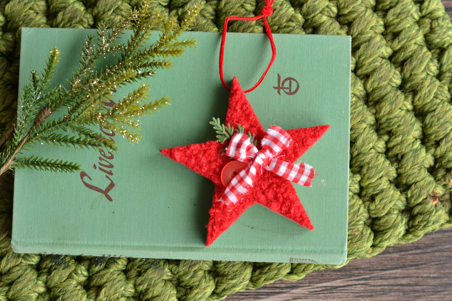 RED BOUCLE Wood Star Ornament
