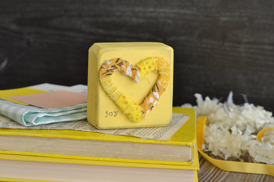 Yellow Wood Sign with Wrapped Heart - Joy