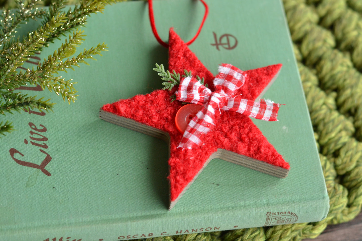 RED BOUCLE Wood Star Ornament