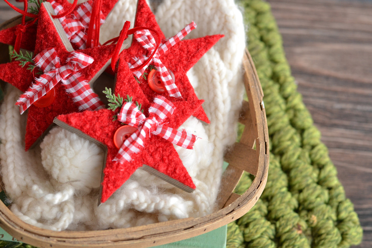 RED BOUCLE Wood Star Ornament