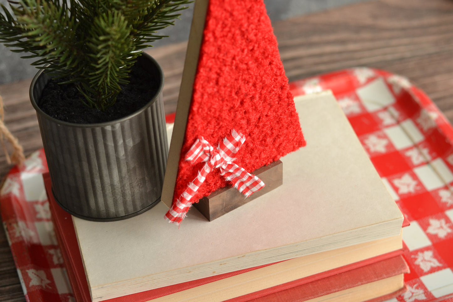 Red Boucle Tall Tree with Gingham Bow