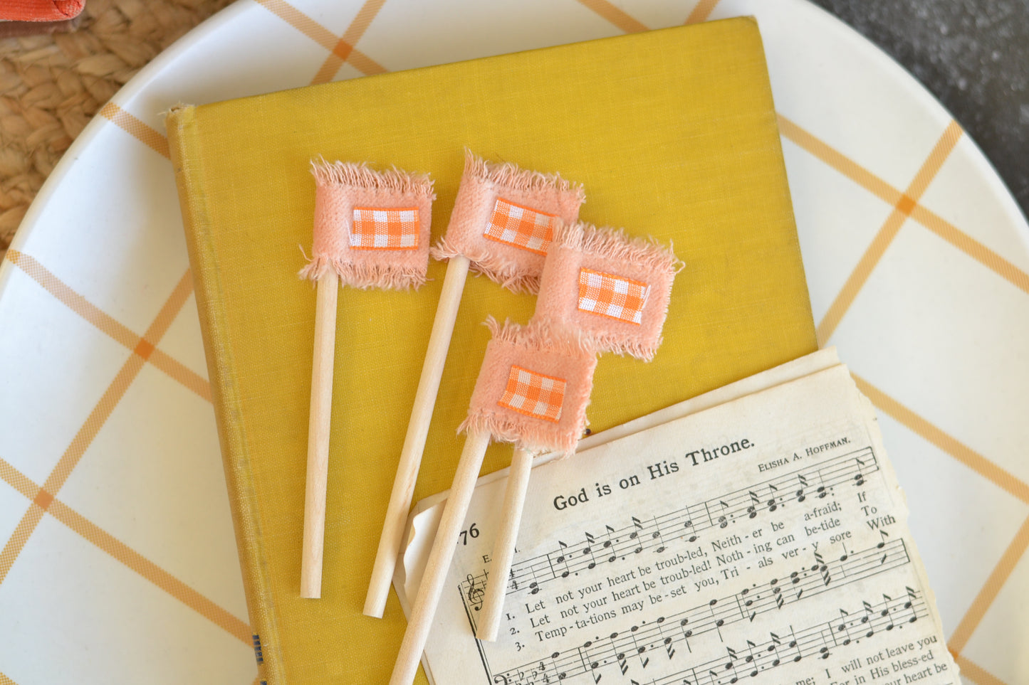 Mini Flag Set of FOUR - Blush Velvet with Gingham Ribbon