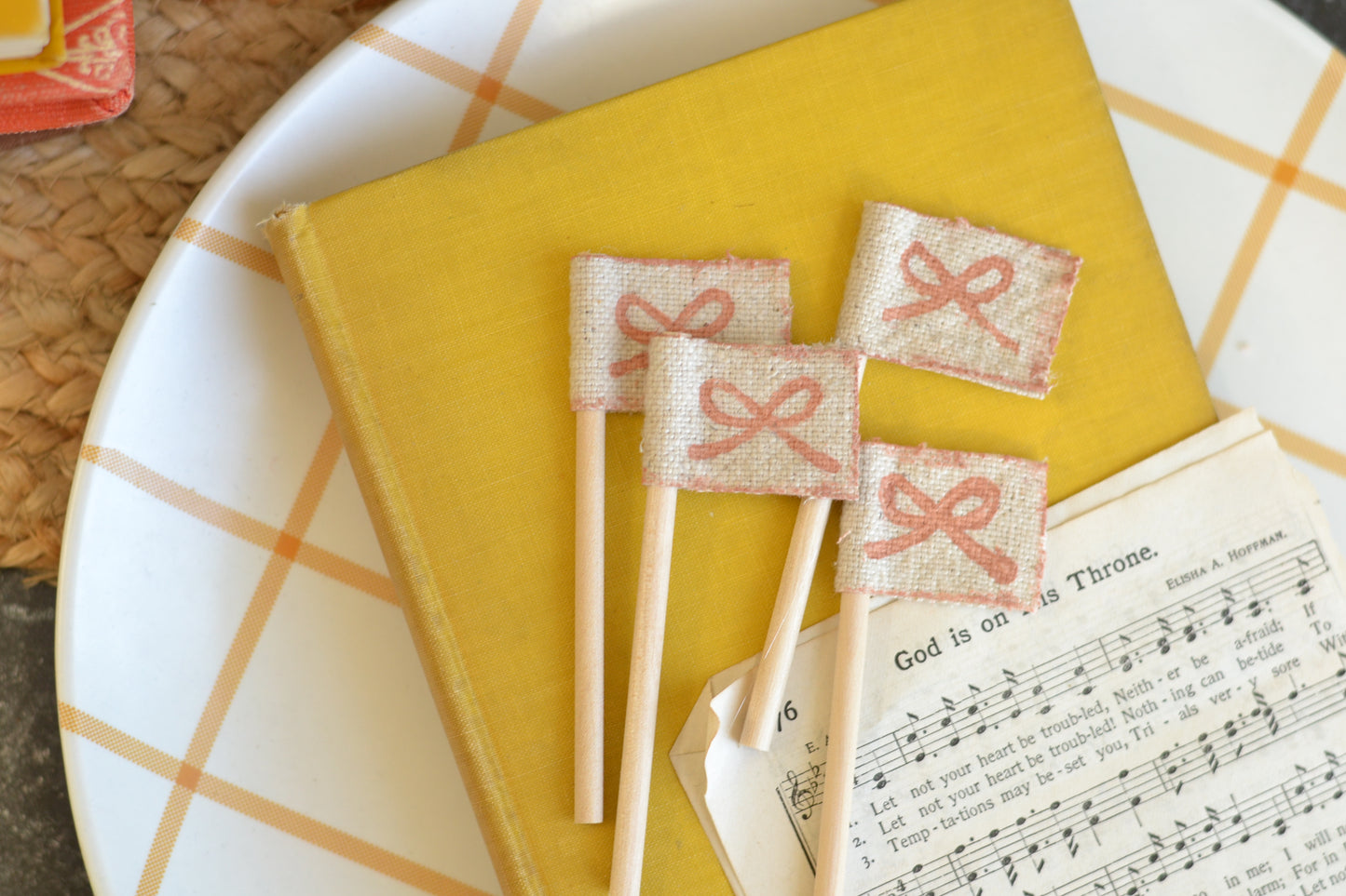 Mini Flag Set of FOUR - Painted Dusty Rose Bow