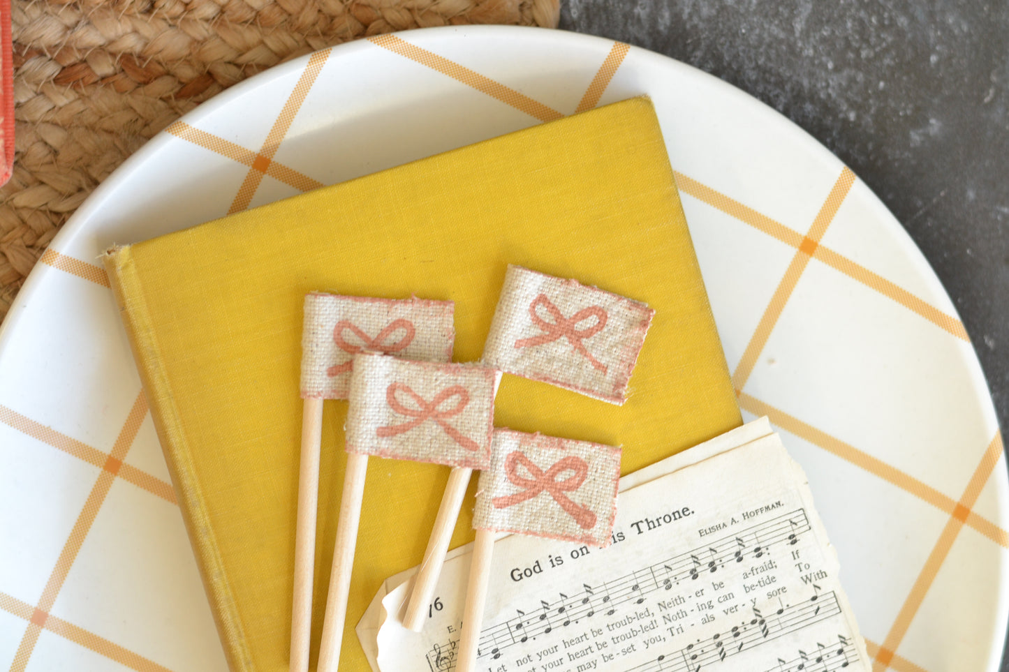 Mini Flag Set of FOUR - Painted Dusty Rose Bow