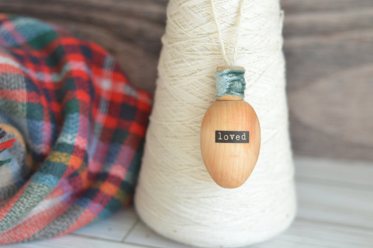 Wood Bulb LOVED Ornament (with velvet)