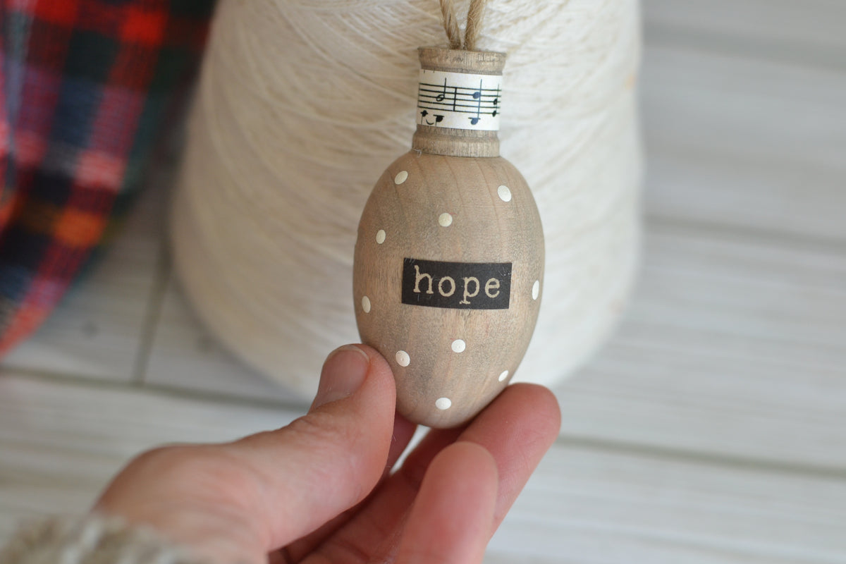 Wood Bulb HOPE Ornament (with polka dots and music)