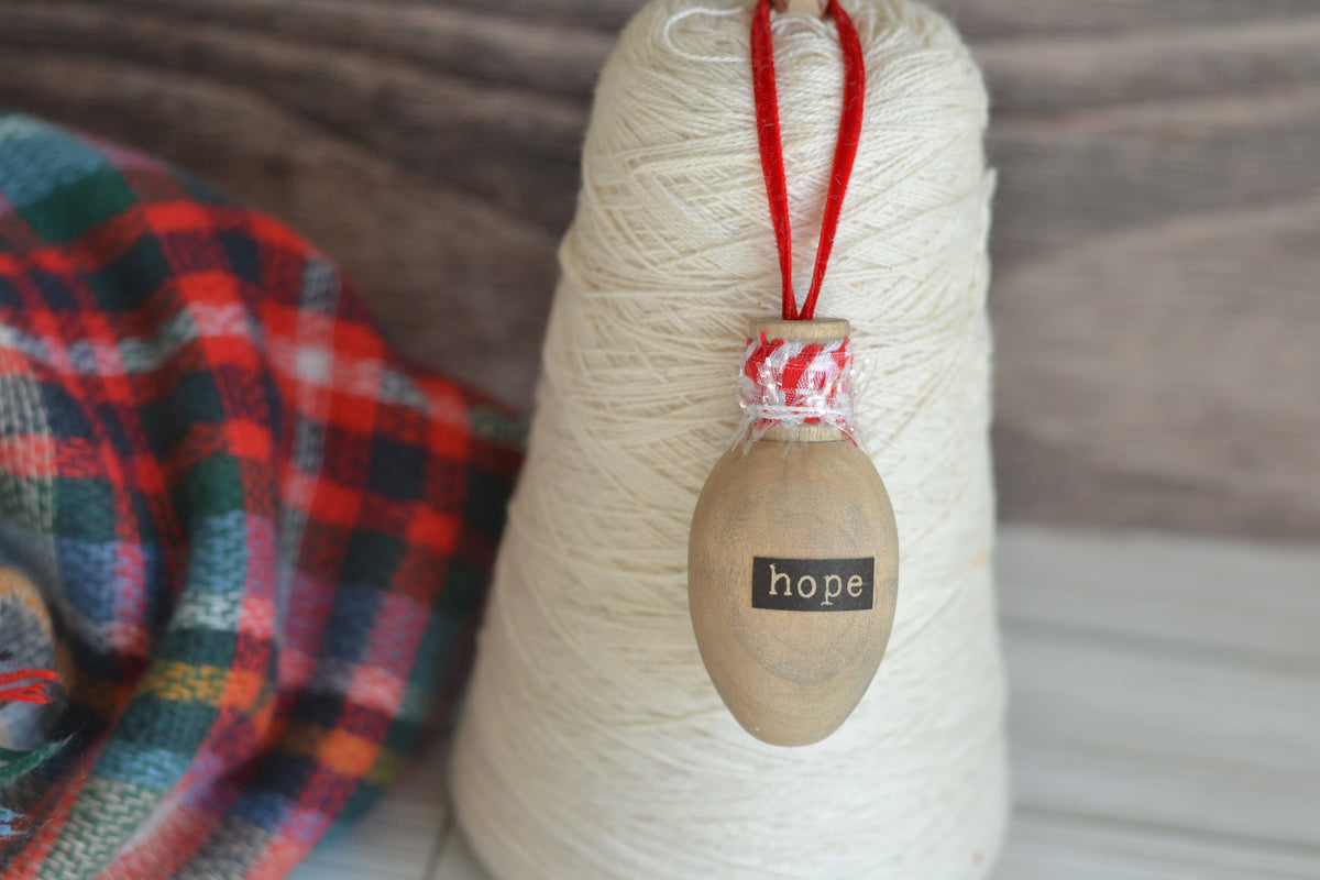 Wood Bulb HOPE Ornament (with red gingham)