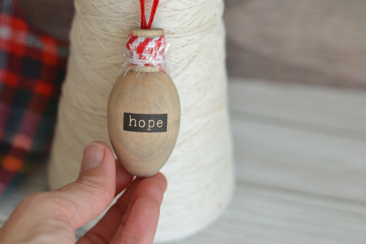 Wood Bulb HOPE Ornament (with red gingham)