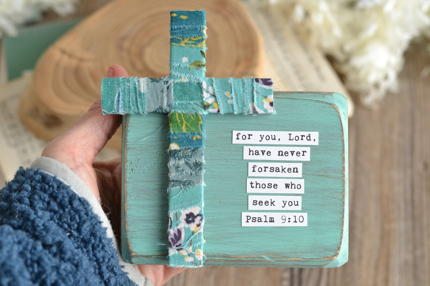 Blue Psalm 23 Wood Sign with Fabric Wrapped Cross - C19