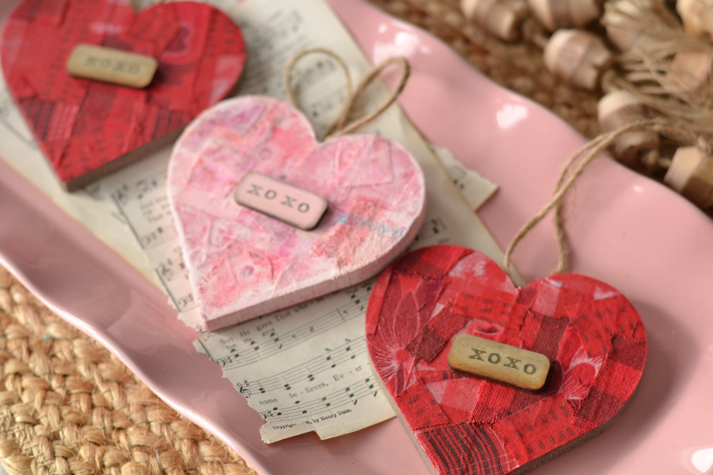 RED Patchwork Wood Heart - xoxo