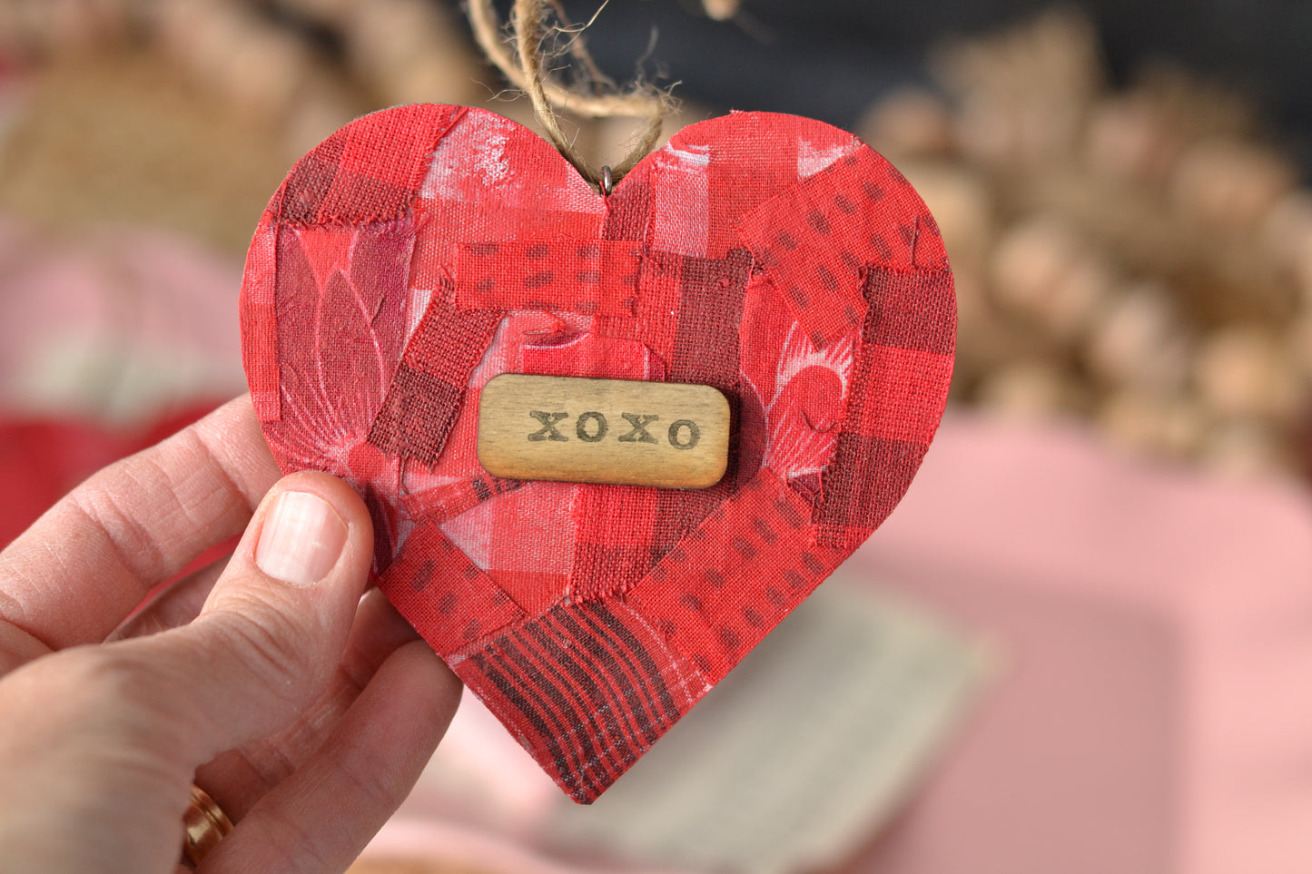 RED Patchwork Wood Heart - xoxo
