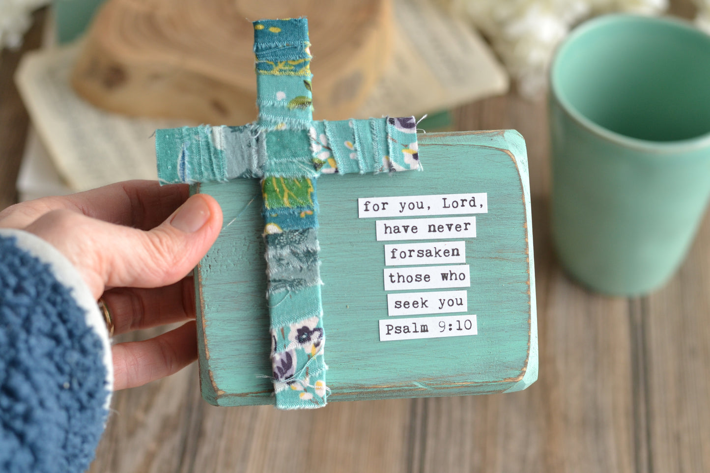 Blue Psalm 23 Wood Sign with Fabric Wrapped Cross - C19