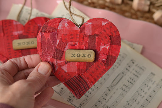 RED Patchwork Wood Heart - xoxo