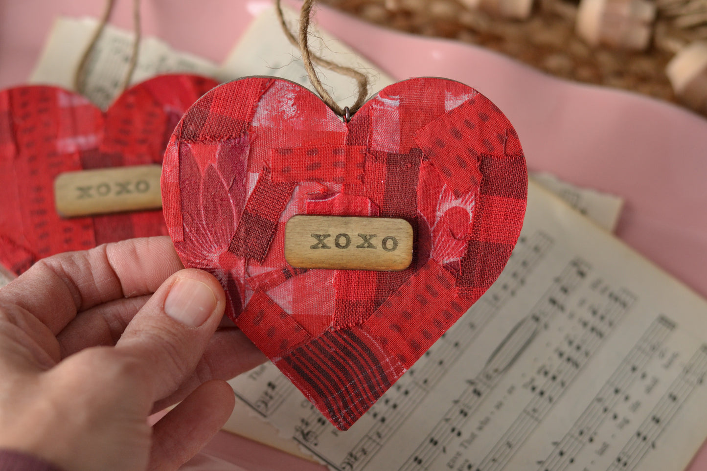 RED Patchwork Wood Heart - xoxo