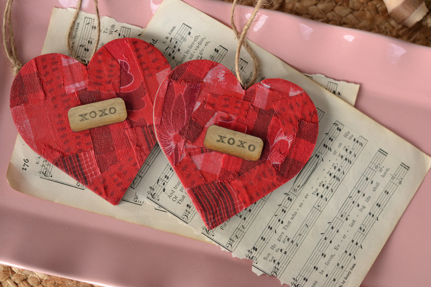 RED Patchwork Wood Heart - xoxo