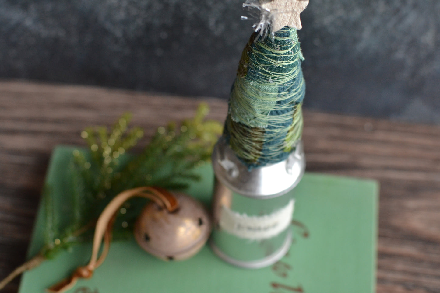 Green Wrapped Patchwork tree in a Metal Tin