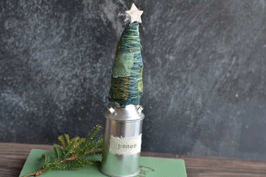 Green Wrapped Patchwork tree in a Metal Tin