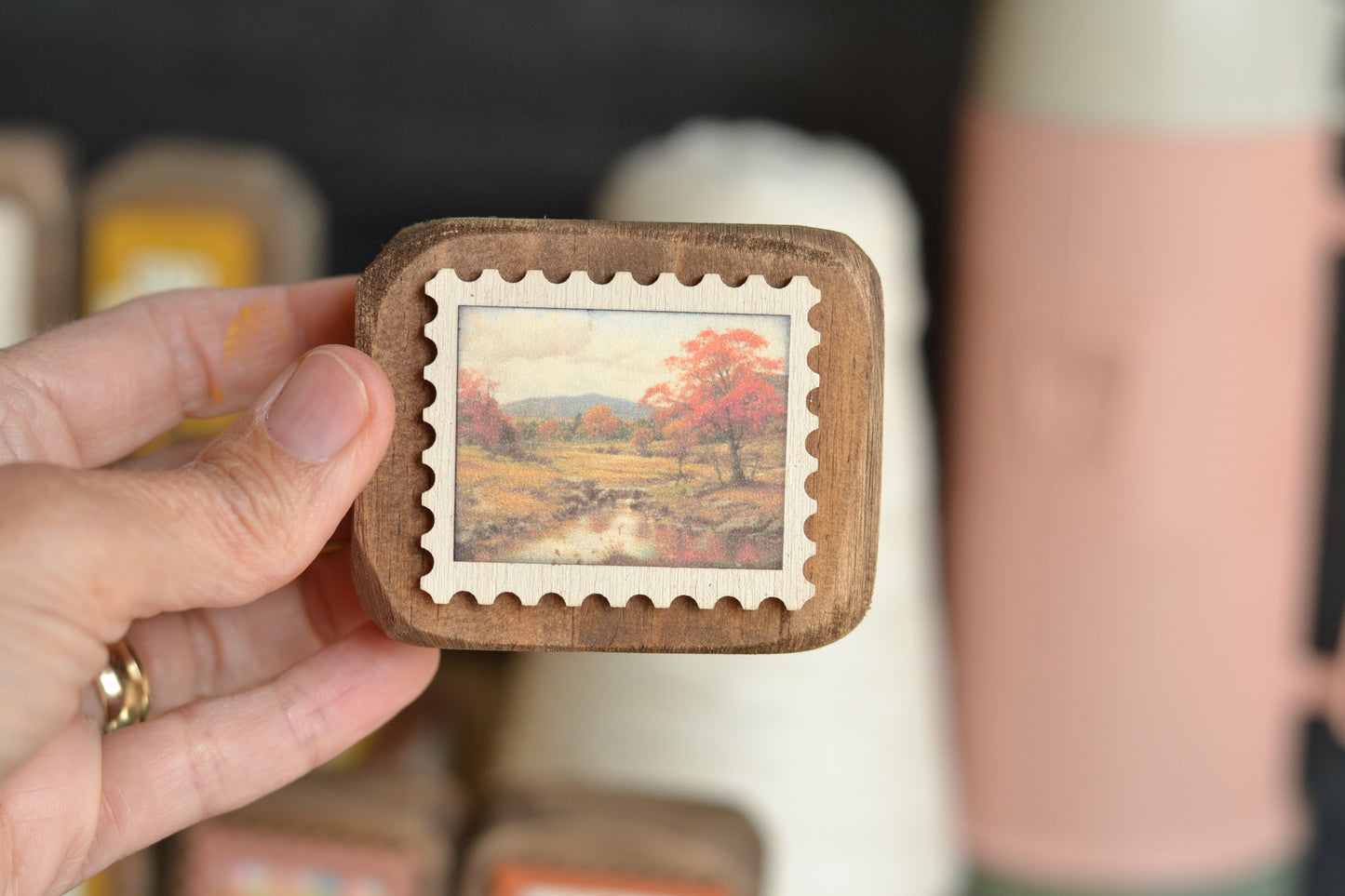 Rustic Wood Block Postage Stamp Sign- Autumn Scene