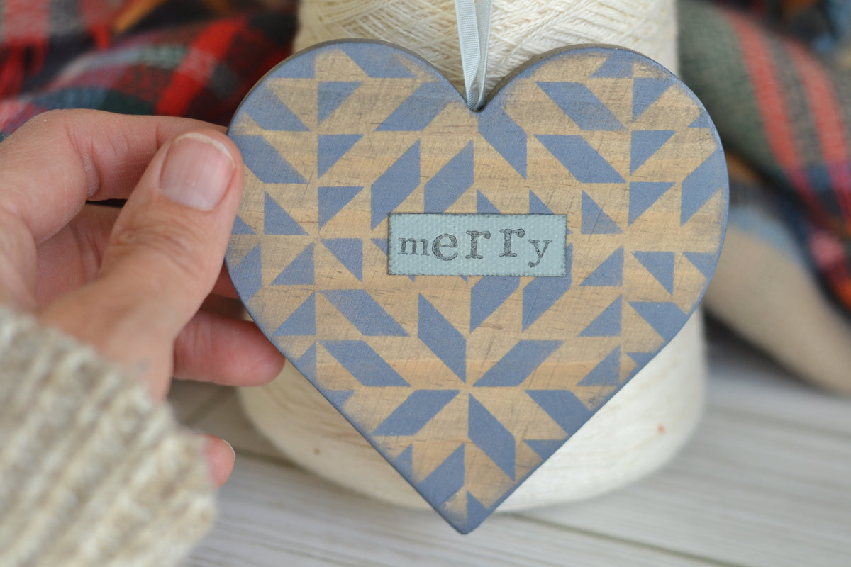 Wood Quilted Heart MERRY Ornament