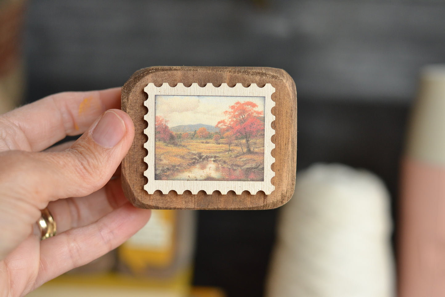 Rustic Wood Block Postage Stamp Sign- Autumn Scene