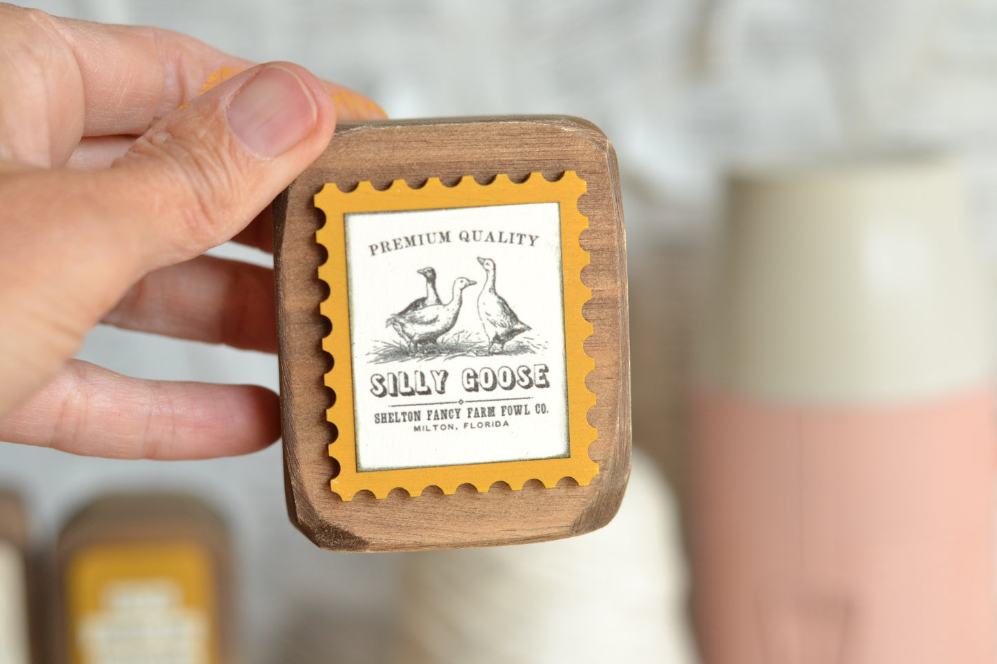 Rustic Wood Block Postage Stamp Sign - Silly Goose