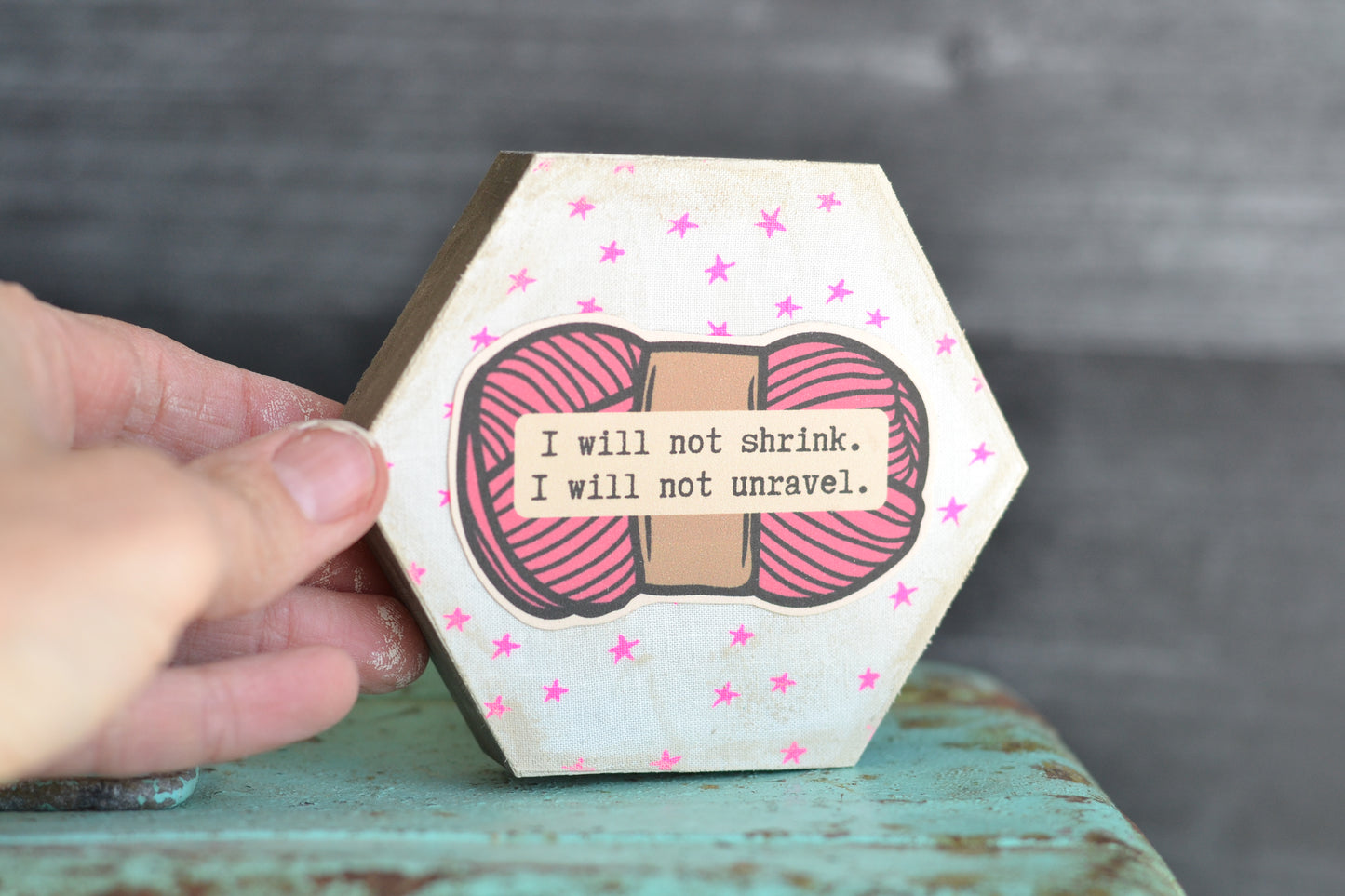 Pink Yarn Hexagon Sign